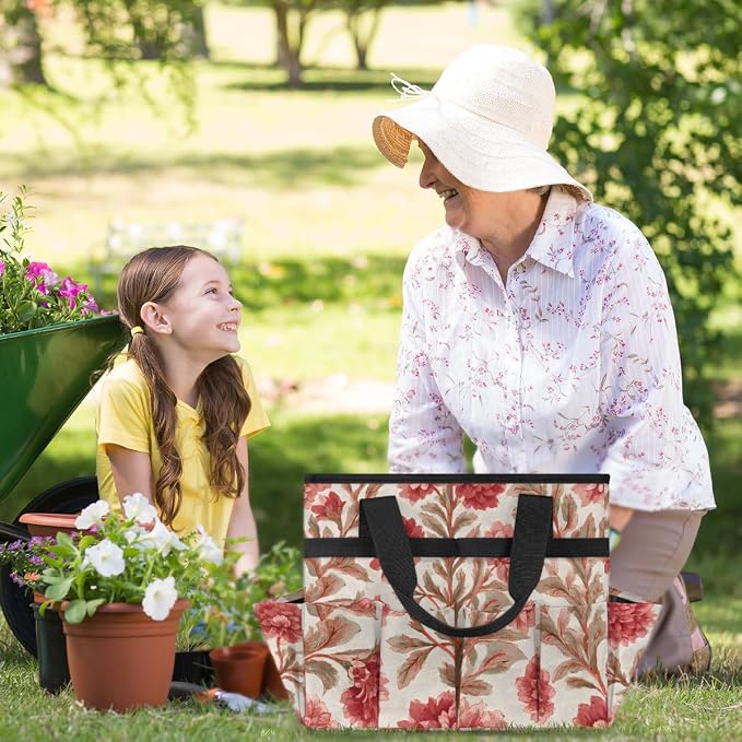 Garden Tote Bag with 10 Pockets Vintage Flowers Heavy Duty Gardening Bags for Tools Organizer Storage Bag with Handle for Garden Lawn Yard Casual