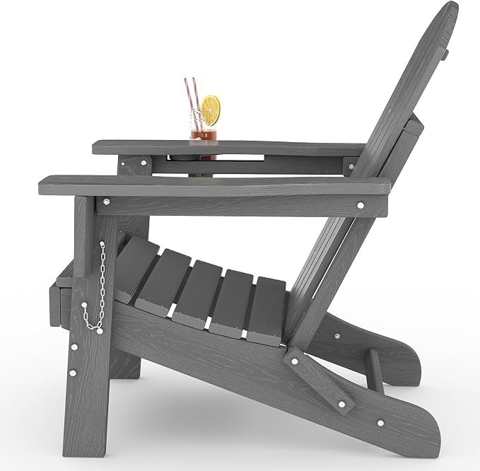GarveeLife Folding Adirondack Chair Set of 2 with Side Table, All-Weather HDPE Outdoor Chair, Wooden Textured with Cup Holder for patios, Decks, Gardens, fire pits, Grey