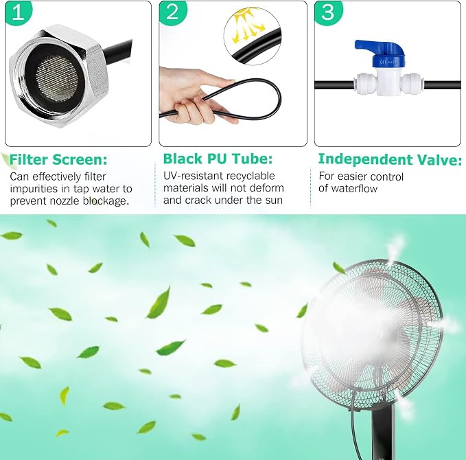 Mussozy Fan Misting Kit for Outdoor Cooling 26.3 FT Misting Hose 8 Brass Misting Nozzles Outdoor Fan Misting Cooling System Water Misting Fan for Outdoor Patio Garden Backyard Greenhouse Breeze
