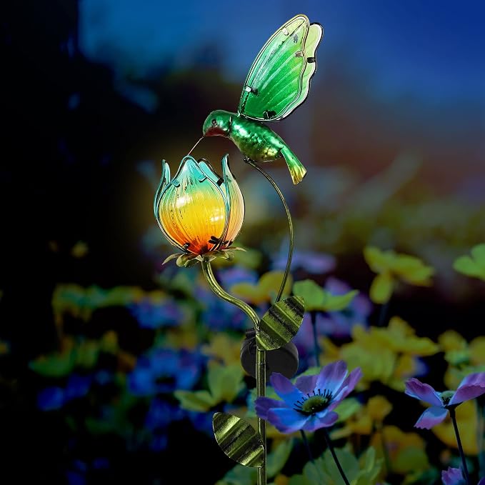 TERESA'S COLLECTIONS Glass Flower Bird Pathway Solar Outdoor Light for Garden Decor, 39'' Tulip and Hummingbird Metal Decorative Stakes Yard Art for Lawn Patio Porch Decorations, Gifts for Mom