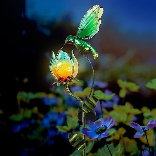 TERESA'S COLLECTIONS Glass Flower Bird Pathway Solar Outdoor Light for Garden Decor, 39'' Tulip and Hummingbird Metal Decorative Stakes Yard Art for Lawn Patio Porch Decorations, Gifts for Mom