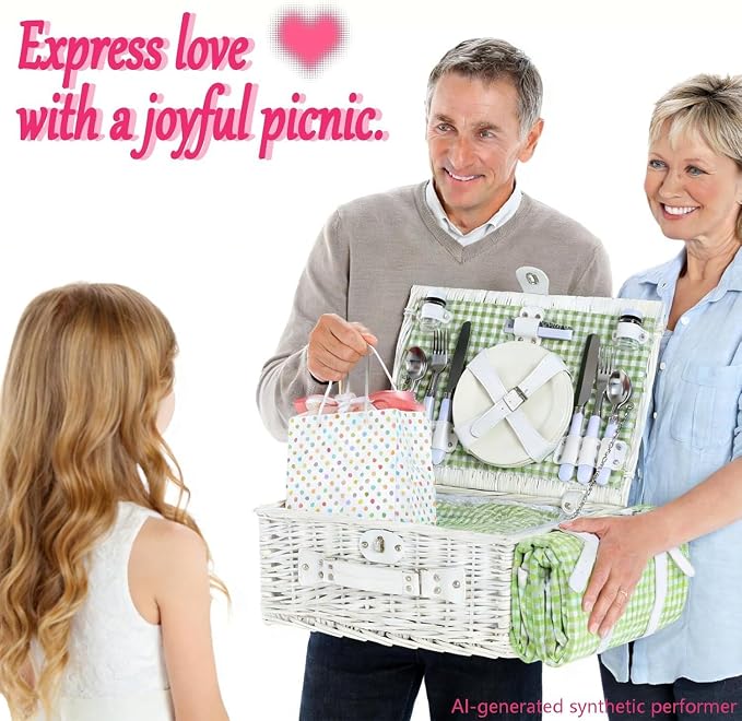 Picnic Basket Set for 4 with Waterproof Blanket Mat Insulation Bag Wicker White Green Plaid Classic Fresh Gift for Christmas Thanksgiving Wedding Birthday Camp Outdoor Beach Travel