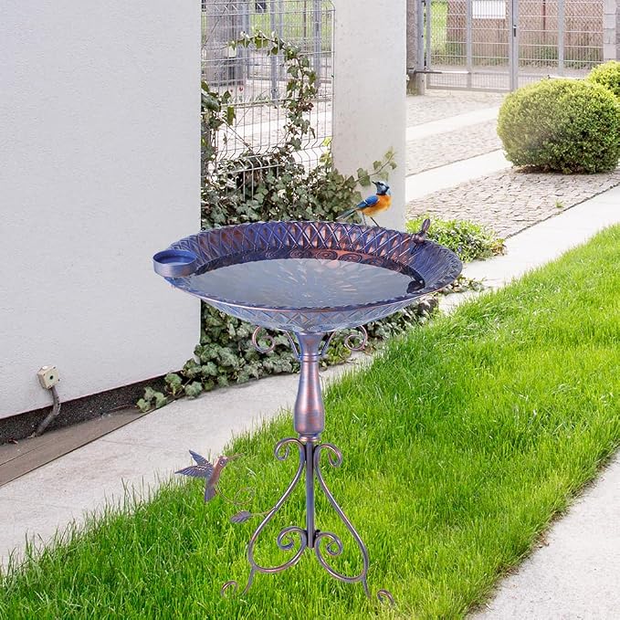 DREAMSOUL 20" Dia Large Bird Bath Stand, Purple Bird Bath for Outside with Peacock Feather Pattern 4" Deep Birdbath for Lawn Patio Decor