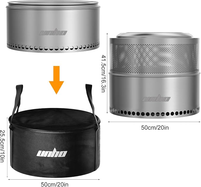 unho 20 Inch Stainless smokeless firepit for Outside Wood Burning Stove | smokeless Stainless Steel Outdoor Portable Fire Pit for Backyard, Garden, Picnic，outside bonfire fire pit