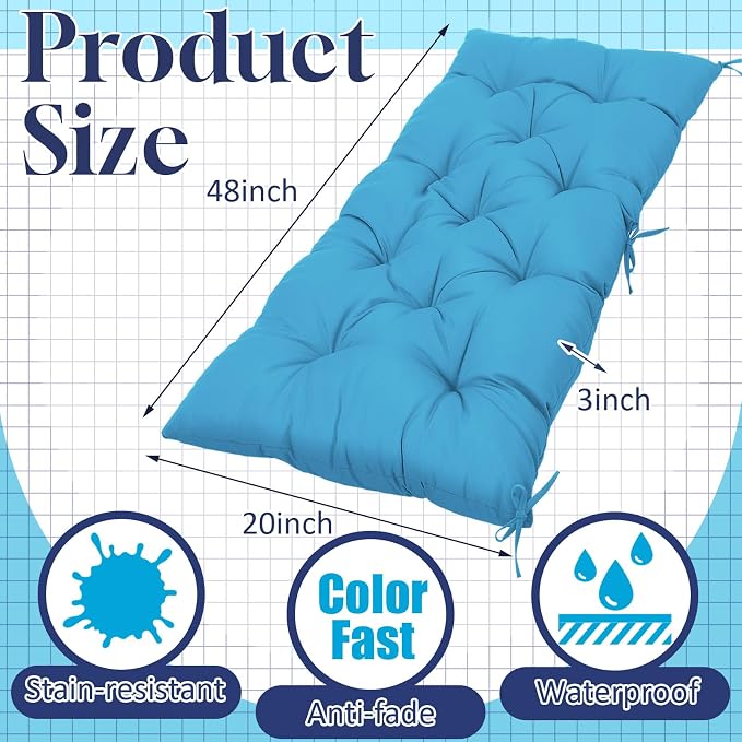 Wenqik Outdoor Bench Cushion 48 x 20 x 3 Inch Waterproof Patio Swing Cushion with Removable Zippered Cover Adjustable Ties Seat Pad for Porch Bench Garden Loveseat(Cyan, Classic)