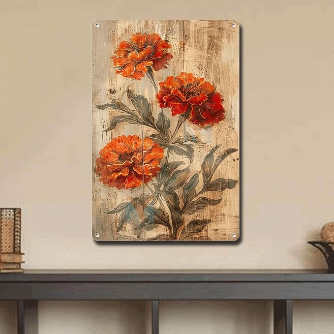 Metal Sign Tin Sign Vintage Wall Art Shabby Chic Marigold Tin Sign for Joyful Antique Gardens Rustic Wall Decor and Distressed Wood Su Tin Signs for Garden for Pub 8×12 Inches