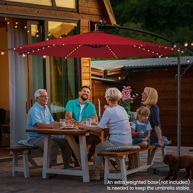 HAPPYGRILL 10FT Cantilever Patio Umbrella with Solar Lights, Outdoor Hanging Offset Umbrella with 112 LED Lights, Tilt Design, Crank Handle, Cross Base Stand for Garden Yard Deck