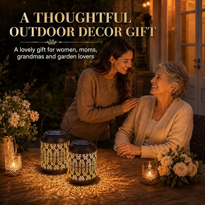LeiDrail Solar Lanterns Outdoor Waterproof, 4 Pack Hanging Solar Lanterns with Feather Pattern, Metal Decorative Garden Lights, Warm White LED Solar Lights for Patio Yard Table Pathway Party Decor