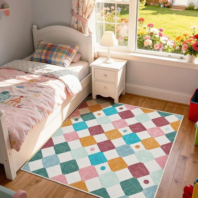 jinchan 5x5 Nursery Rug Kids Room Square Rug Washable Colorful Playroom Rug | Soft, Non-Slip, Confetti, Cute, Kid-Friendly, Modern Checkered Diamond Design, Play Mat, Bedroom, Daycare, Cream Background