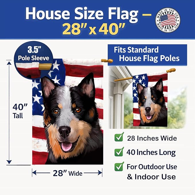 Caroline's Treasures CK6413CHF Australian Stumpy Tail Cattle Dog American Flag House Flag Large Porch Sleeve Pole Decorative Outside Yard Banner Artwork Wall Hanging, Polyester, House Size, Multicolor
