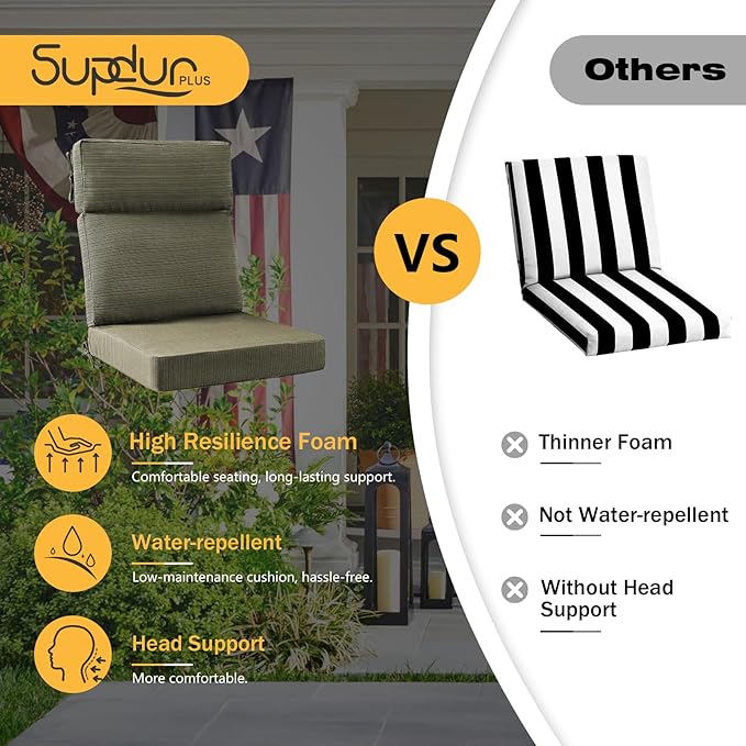 Outdoor High Back Chair Cushion, 2 Pack 44x21 inches Patio Chair Cushions Water Repellent Rocking Cushions Indoor Furniture Seat Pad, Dark Black Tan Stripe