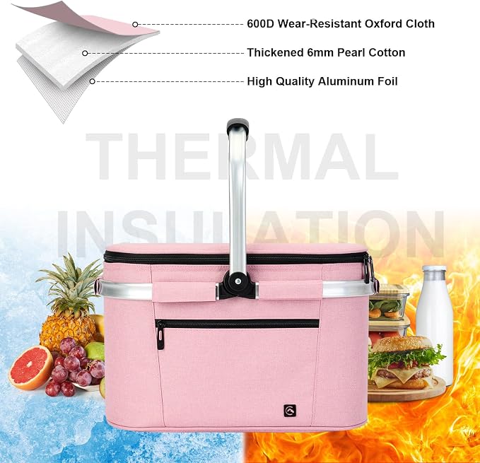 ALLCAMP Picnic Basket - Insulated Cooler, Thickening Foldable Picnic Basket with Removable Baskets & Sewn-in Frame, Basket for House Warming Gifts New Home(Pink)