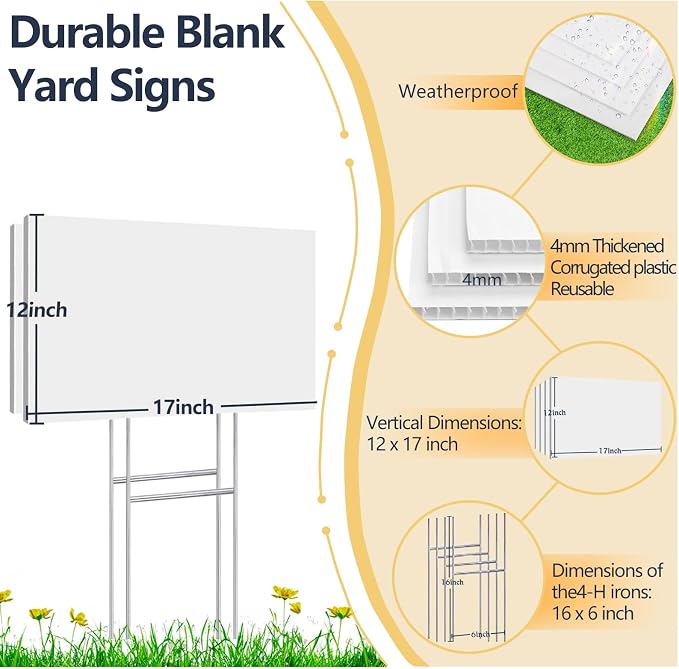 6 Pack 17 x 12 White Blank Yard Signs with Stakes, Weatherproof Corrugated Plastic Board Sign, Blank Lawn Signs for Outside Rent, Sale, DIY, Party, Event, Advertising, Garden, Guidepost Decorations