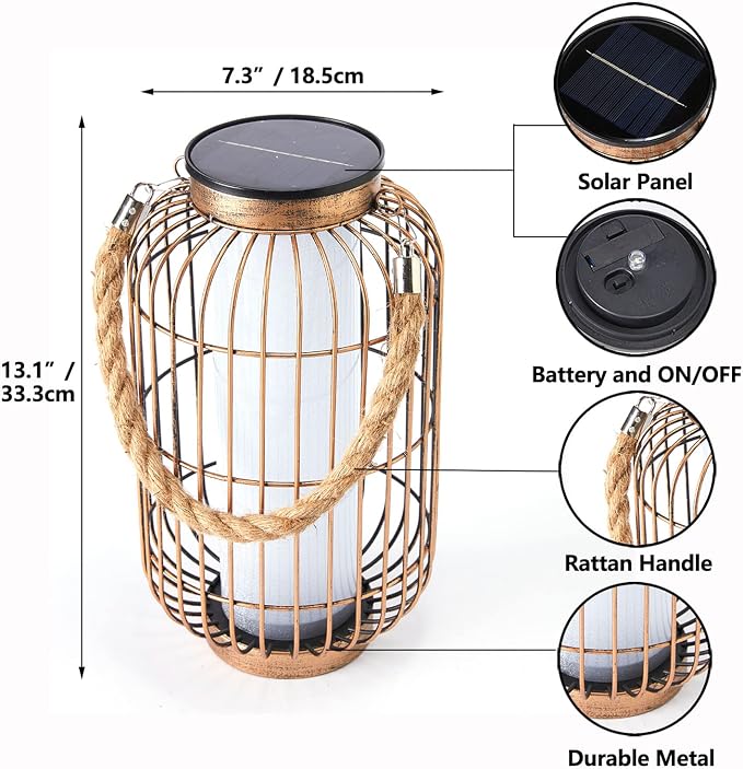 pearlstar Large Solar Powered Lantern Outdoor-Heavy Duty Metal Hanging Lights Decorative Solar Table Lamp Waterproof for Outside Patio Yard Garden Porch Tabletop Decor (Copper)