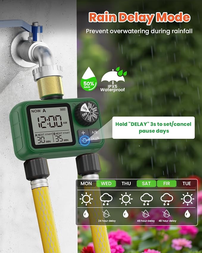 Water Timer for Outdoor Garden Hose, Sprinkler Timer for Garden Faucet with Auto/Manual/Rain Delay Mode, Sprinkler Irrigation Controller for Yard Lawn (2 Zones Brass Inlet & Outlet)