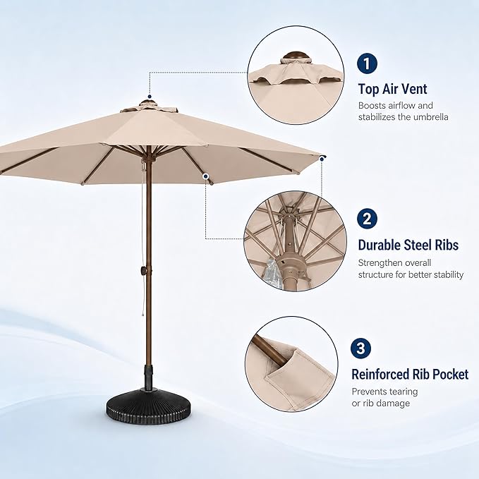 9FT Patio Umbrella, Outdoor Table Umbrella with Rope Pulley Lift, 3 Adjustable Heights, Market Umbrellas for Backyard, Pool and Deck, UPF50+