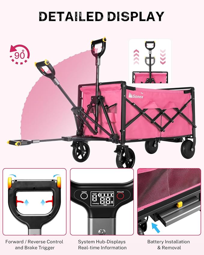 Gonex Electric Wagon Cart with Smart Handlebar 360lbs Heavy Duty Motorized Utility Wagon for Camping Gardening 200L Collapsible Foldable Grocery Cart with Silent Hub Motor Magnetic Brake Pink