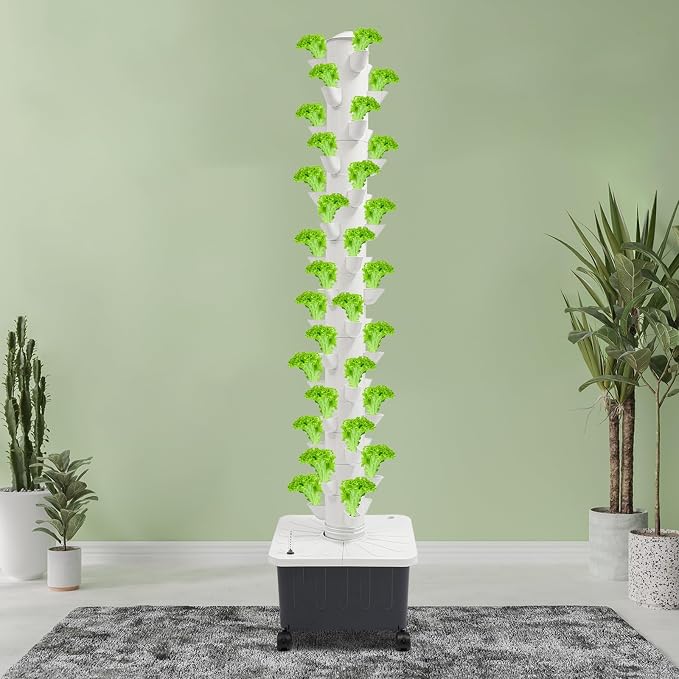 15-Tier Hydroponic Growing Tower Kit, 45 Holes Indoor Vertical Garden System with Water Pump & Wheels, 30L Tank for Lettuce Herbs Strawberries, Hydroponics System for Balcony Gardening, DIY Home Farm