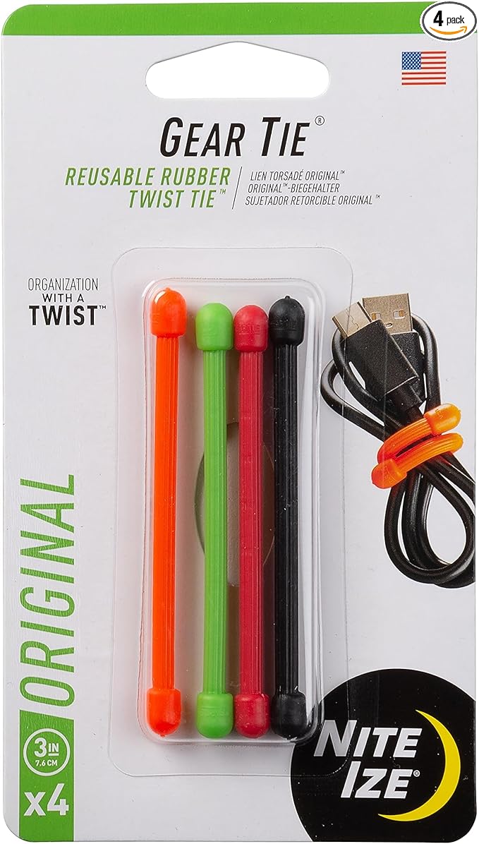 Nite Ize GT3-4PK-A1 Original Gear, Reusable Rubber Twist Tie, Made in The USA, 3-Inch, 3" - 4-Pack, Colors may vary, 4 Count