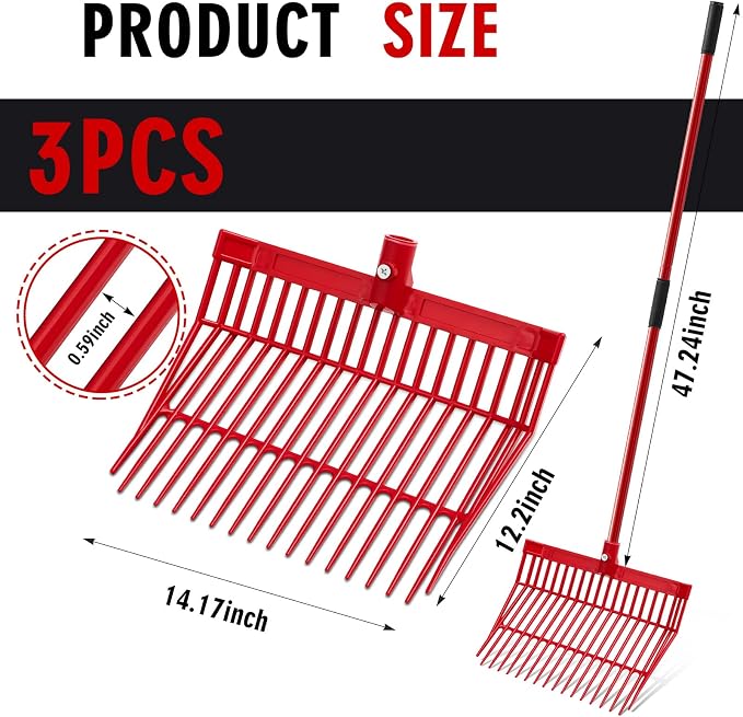 Lasnten 3 Sets Manure Fork with Long Handle, ABS Plastic Head & Metal Handle, Pitch Fork Manure Rake Heavy Duty Muck Rake for Gardening Horse Stable Grass Hay Cleaning Farm Work (Red,Normal Grip)