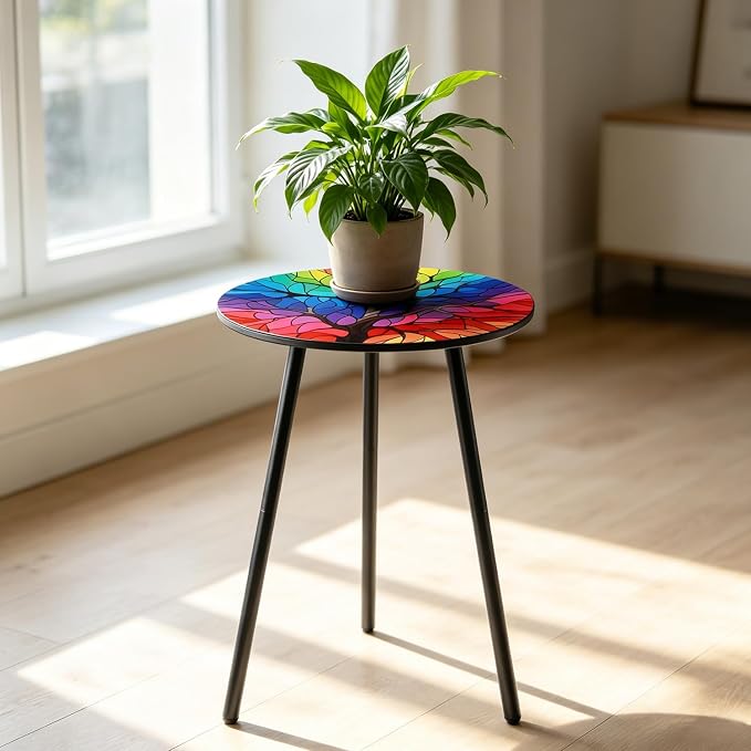 Outdoor Side Table Set of 2 Patio Side Tables for Outside Black End Tables Small Outdoor Table Round Patio End Table Metal Side Table Outside, Indoor, Bedroom, Living Room, Small Spaces, Rainbow Tree