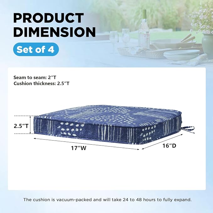 17 x 16 Inch Outdoor Chair Cushions with Tie Straps, Set of 4 Thick Water Repellent Round Patio Chair Pads for Garden Lawn Patio Furniture, Cobalt Grid