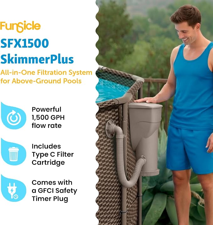 Funsicle SkimmerPlus 1,500 GPH Filter Pump for Above Ground Swimming Pools | 2-in-1 Filter Pump and Skimmer System for Easy Pool Cleaning & Maintenance, Sidewall-mounted design with Filter Cartridge