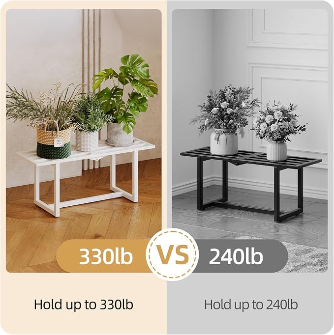 Plant Stand Indoor Outdoor, Foldable Metal Plant Shelf for Multiple Pots, Mid Century Slatted Bench for Patio Garden, Heavy Duty Capacity 330 lbs 2 Pack White
