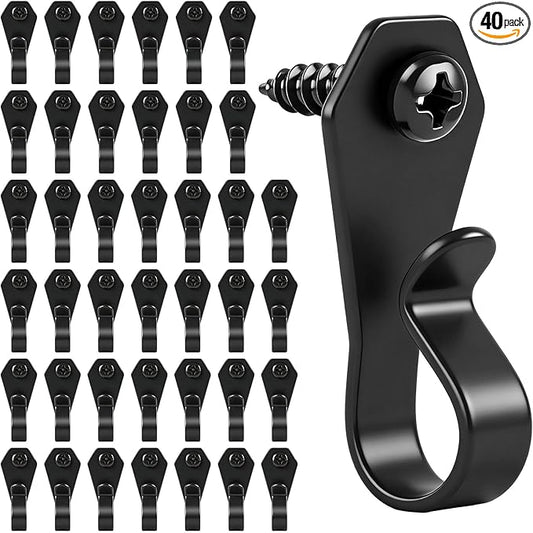 HiGift 40 Pack String Light Hanger Hooks, Stainless Steel Light Clips Black, Outdoor Screw Hooks Rope Light Clips for Hanging Christmas Light, Plants, Party Light Wire and Led Fairy Led Light Clips