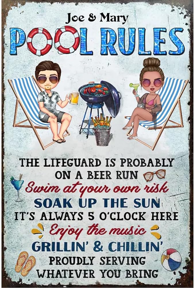 Personalized Classic Metal Sign - Welcome to Patio Bar Grilling Listen to The Good Music Couple Husband Wife Custom Wall Decor for Home Gate Garden Bars Sign Gift vintage metal signs Wall Decoration (Pool rule-Cartoon)
