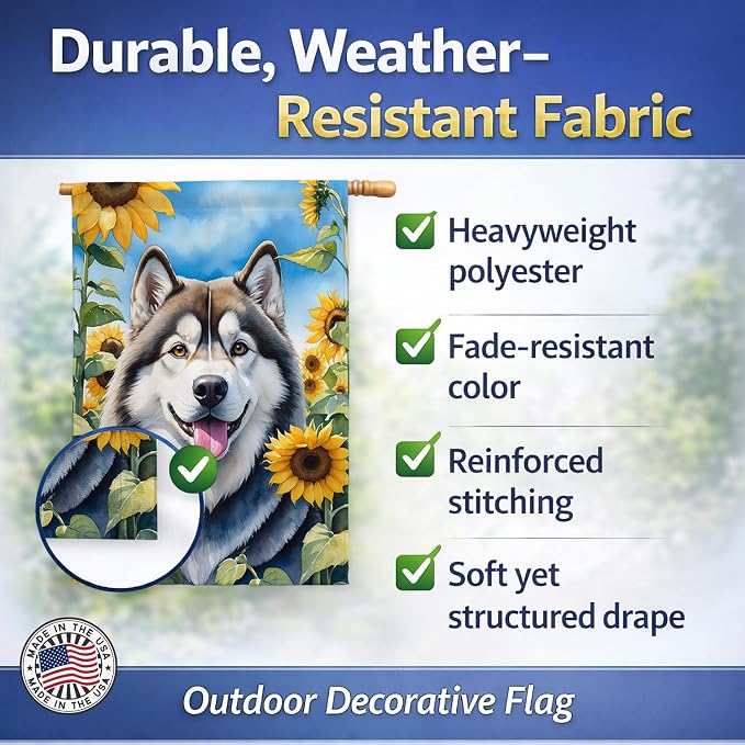Caroline's Treasures DAC6005CHF Alaskan Malamute in Sunflowers House Flag Large Porch Sleeve Pole Decorative Outside Yard Banner Artwork Wall Hanging, Polyester, House Size, Multicolor