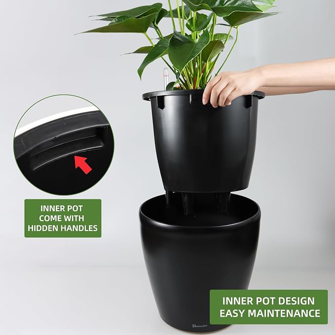Dexceder 18x17 Self Watering Planter with Wheels (Black Matte) | Inner Pot Design, Thickened Large Floor Standing Flower Plant Pot with Water Level Indicator Indoor Outdoor
