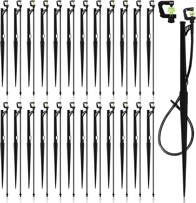 Briwooody 24 Sets 360 Degree Irrigation Sprinkler Heads with Stake Drip Micro Spray Emitters G-Type Adjustable Sprinkler Nozzle with Irrigation Tubing on Riser Stake for Garden Flower Plants Watering