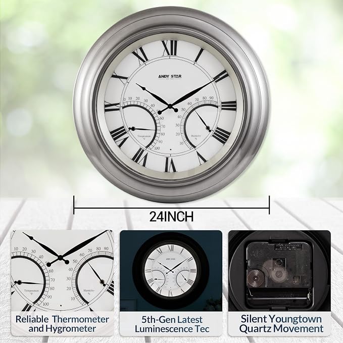 ANDY STAR 24 Inch Outdoor Clocks Waterproof,Large Outdoor Wall Clocks for Garden Patio Pool, Weatherproof Illuminated Metal Clock Battery Operated with Thermometer&Hygrometer, Silver Non Ticking