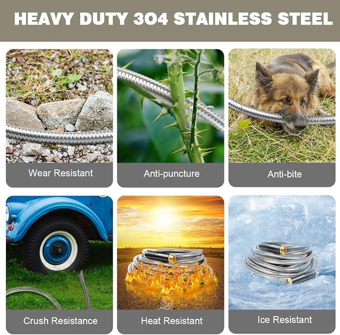 Omont Metal Garden Hose 50FT, Heavy Duty 304 Stainless Steel Water Hoses with Nozzle, Flexible Garden Hose, Lightweight, Rust Proof, No-Kink & Tangle for Yard, Outdoor, RV
