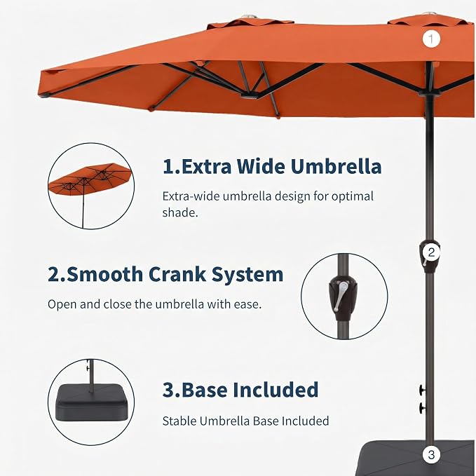 15FT Double Sided Patio Umbrella with Base Included Large Outdoor Market Umbrella with Crank Handle, UV Resistant Canopy, Sturdy Frame for Garden, Poolside, Deck, Terracotta