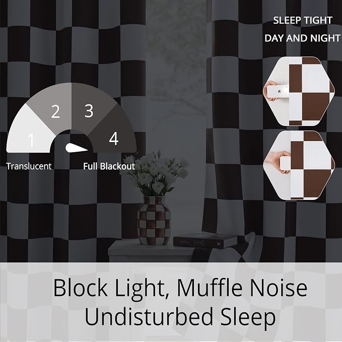 100% Blackout Checkered Curtains – 2 Panels, Each W52×L84, Thermal Insulated, Nosie Reducing for Bedroom, Brown and White Checker Design