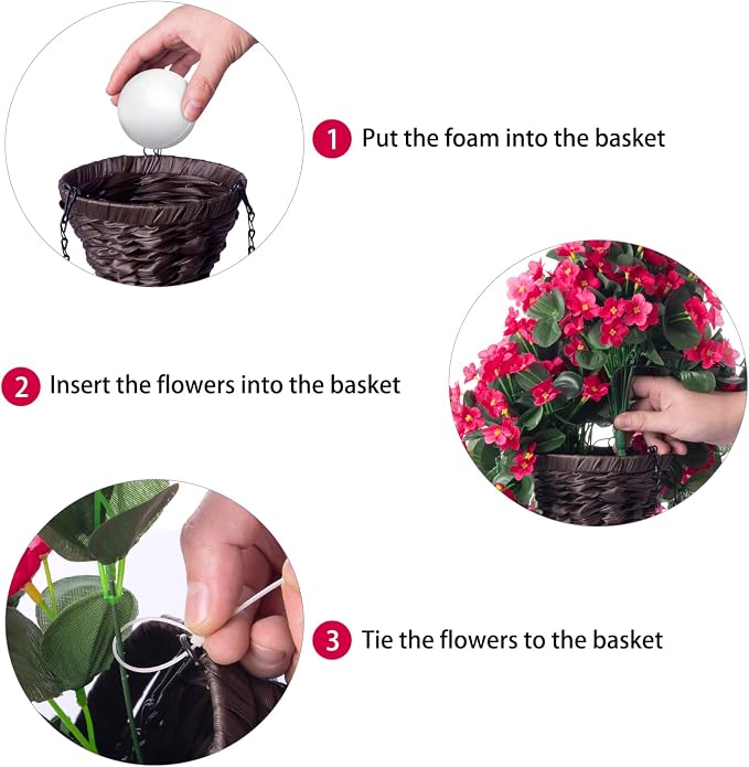 Artificial Fake Hanging Flowers Plants Baskets for Outdoor Outside Porch Decoration, Faux Silk Hotpink Realistic UV Resistant Orchid Long Vines in Planter for Spring Summer Home Patio Balcony