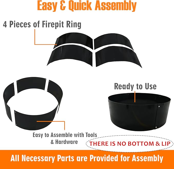 FEBTECH - 45" x 10" Fire Pit Ring Insert - No Bottom 2mm Heavy Duty Steel | Above or In-Ground DIY Fire Ring for Outdoor Garden, Camping, Patio & Bonfire, Fire Pit Liner for Outside Fire Pit Use