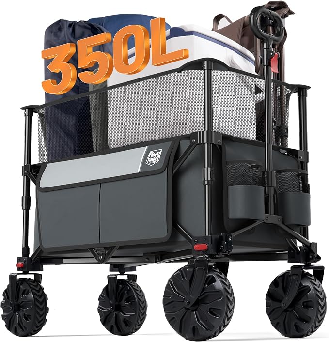 Timber Ridge Foldable Wagon 350L Extendable Height, Large Capasity Collapsible Wagon Cart with All Terrians Detachable Wheels, Compact Folding Utility Wagon for Camping, Fishing, Shopping Grey