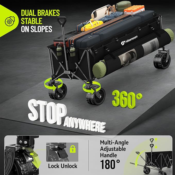 Hikemoon 400L Ultra Large Collapsible Wagon with Big Wheels - Black | Extra Long, Wagons Carts Foldable, Heavy Duty, Utility Folding Cart, All-Terrain, Beach, Camping, Grocery, Sports, Garden