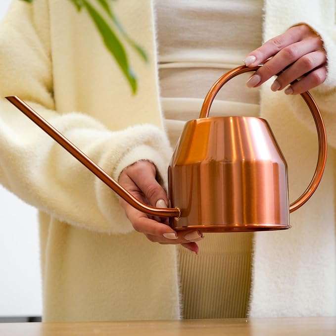 Plexon Rose Gold Metal Watering Can Indoor Plants 40 oz, Stainless Steel Long Spout Watering Can Outdoor House Plant Flower, Garden