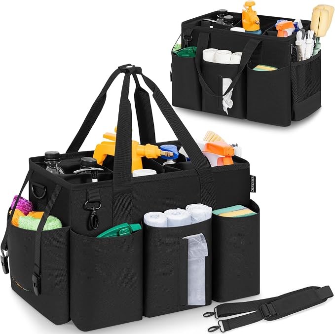 IBVIVIC Wearable Cleaning Caddy Bag, Cleaning Caddy Bag for Housekeeper Large Capacity Cleaning Supplies Organizer with Adjustable Shoulder Strap Kitchen Cleaning Supplies Bag for Cleaners (Black)