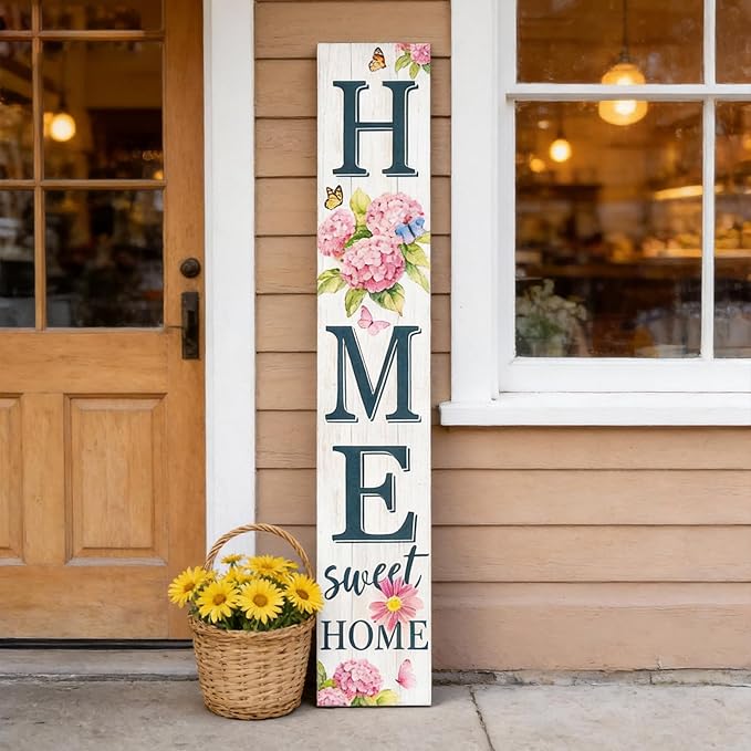 Home Sweet Home Welcome Sign for Front Porch, 47" Wood Framed Porch Sign Spring Hydrangea Flower Decorations with Hanging Rope, Farmhouse Yard Signs Home Decor for Outdoor Patio Gift for Family and Friends