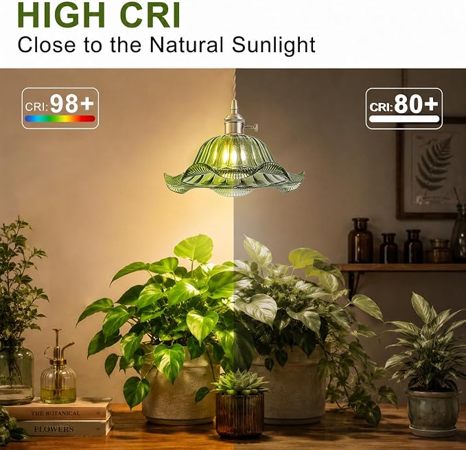 Hanging Grow Lights for Indoor Plants, 12W Full Spectrum 98+ CRI Grow Lamp, Dual CCT 3000K/4000K, Dual Switches, Pulley Height Adjustable, 14.76FT Cord, Petal Glass Plant Light for Indoor Flowers
