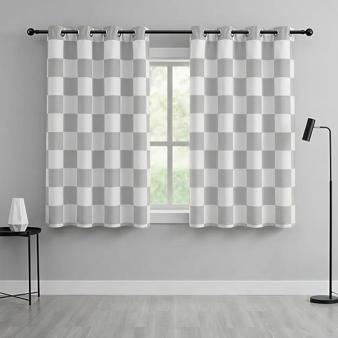 100% Blackout Checkered Curtains – 2 Panels, Each W52×L63, Thermal Insulated, Nosie Reducing for Bedroom, Modern Light Grey and White Checkerboard Design, Gray Checkered