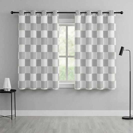 100% Blackout Checkered Curtains – 2 Panels, Each W52×L63, Thermal Insulated, Nosie Reducing for Bedroom, Modern Light Grey and White Checkerboard Design, Gray Checkered