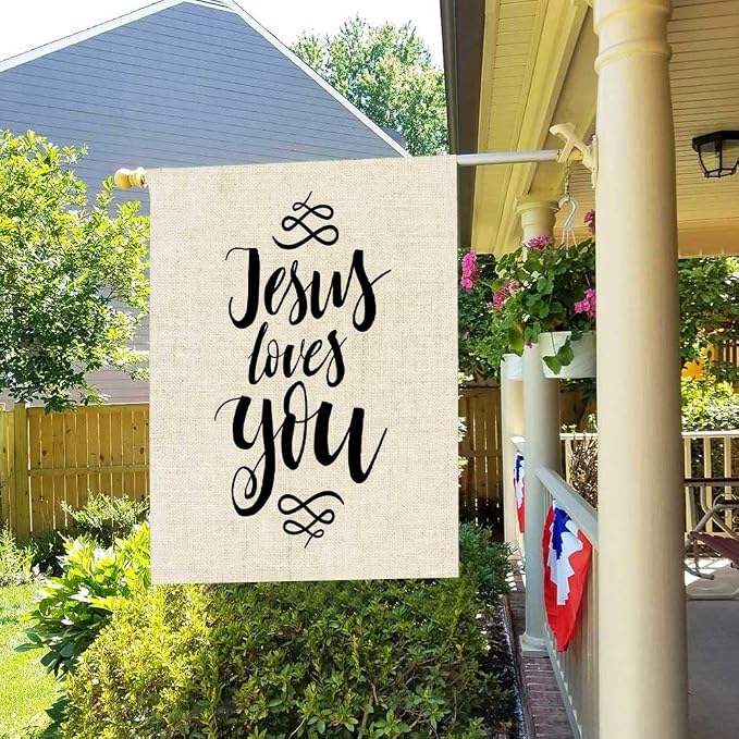 EMMTEEY House Flags 28x40 Double Sided Seasonal Burlap Yard Outdoor Decoration for Kids Garden Flag Jesus Loves You Inspirational Quote Design Element Housewarming Poster Modern Brush Lettering print