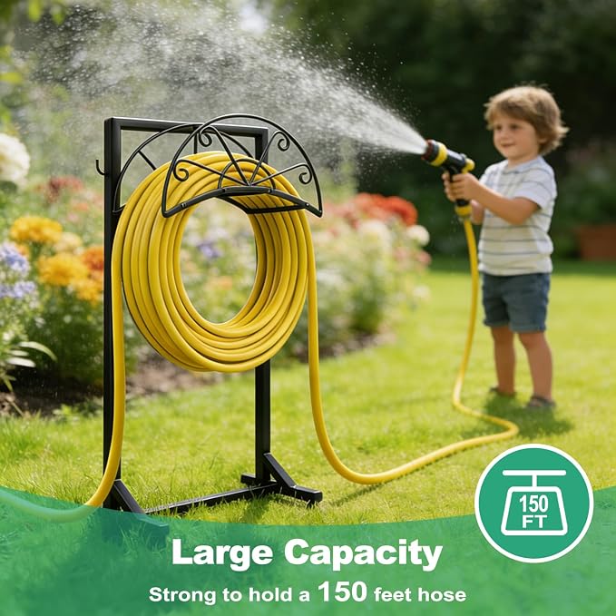 Garden Hose Holder, Detachable Metal Hose Holder for Outside, Rustproof Heavy-Duty Freestanding Water Hose Hanger Rack Holds Up to 150Ft Hose for Yard, Lawn