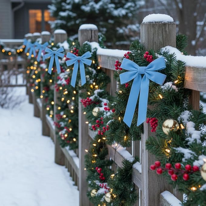 36 Pcs 20 Inches Christmas Garland Ties with Large Velvet Bows Decorative Reusable Twist Tie Bows for Banister Christmas Indoor Outdoor Holiday Wreath Decorations(Light Blue)